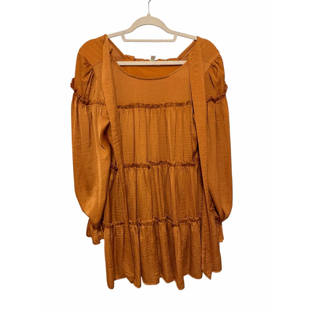 Glam Women’s Small Mustard Orange Long Sleeve Round Neck Ruffled Midi Dress - Picture 5 of 13
